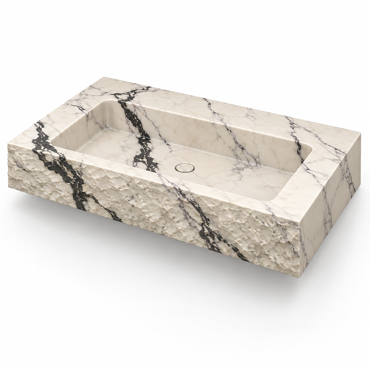 Petra Calacatta Viola Chiseled Front Floating Marble Sink, three-quarter view on white, design rendering