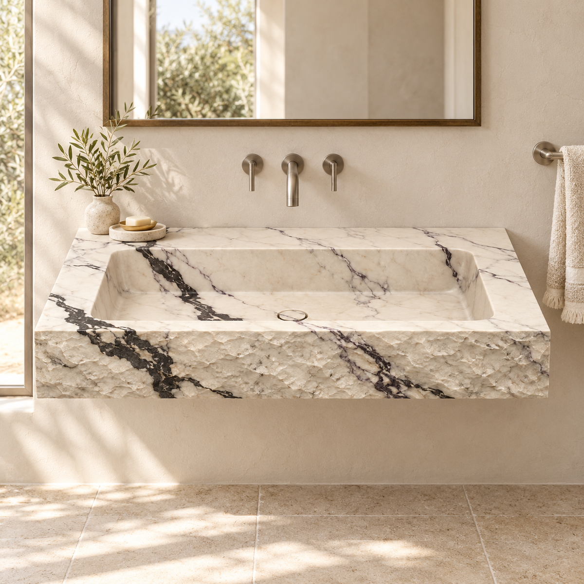Petra Calacatta Viola Chiseled Front Floating Marble Sink, styled bathroom view, design rendering