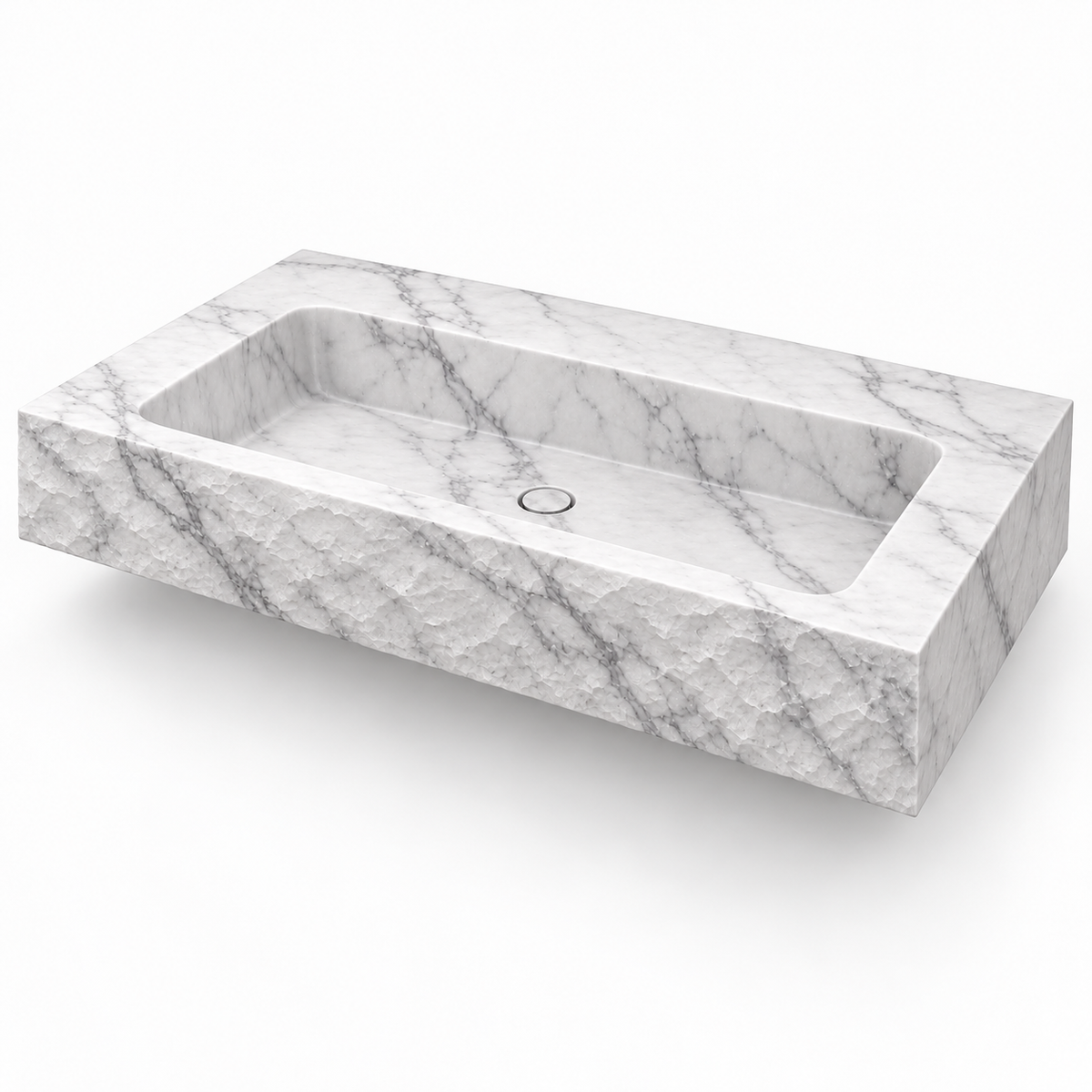 Petra Carrara Chiseled Front Floating Marble Sink, three-quarter view on white, design rendering