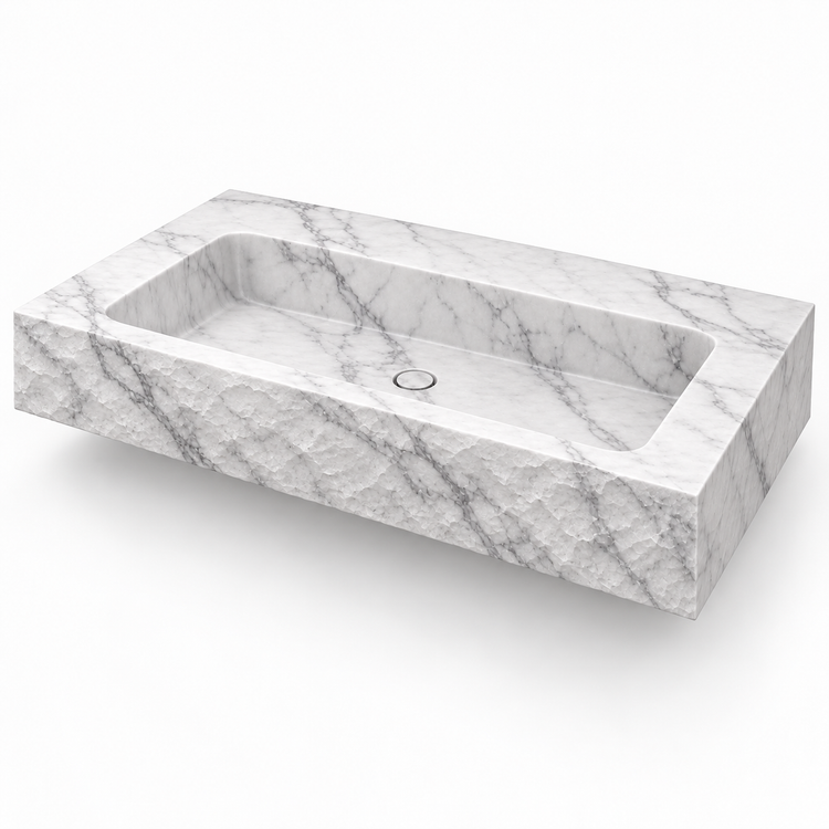 Petra Carrara Chiseled Front Floating Marble Sink, three-quarter view on white, design rendering