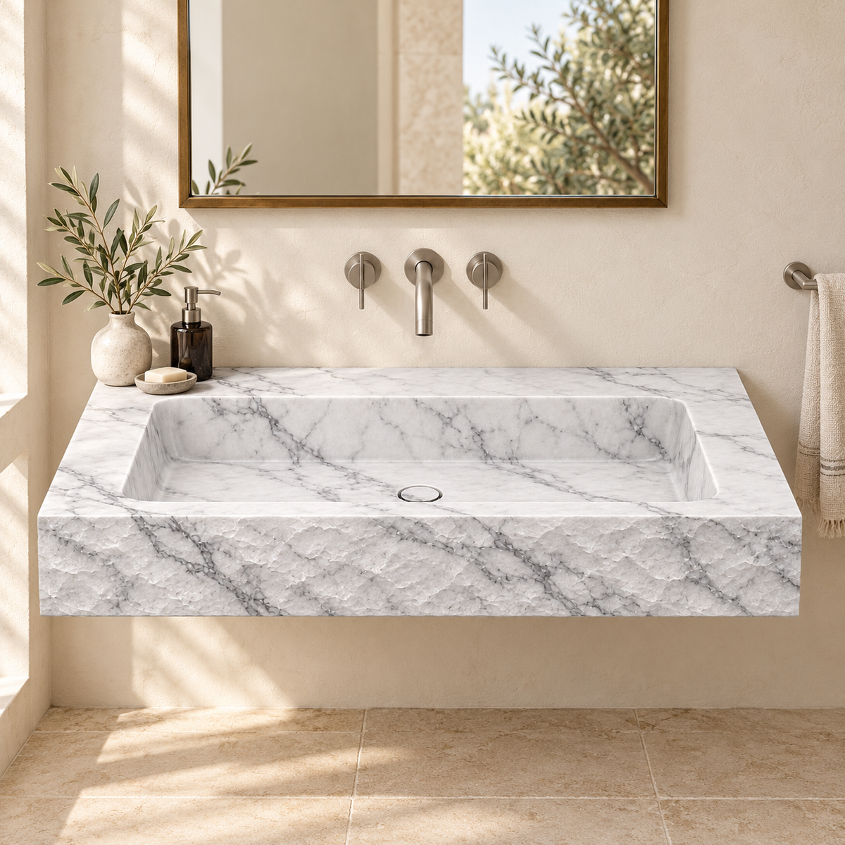Petra Carrara Chiseled Front Floating Marble Sink, styled bathroom view, design rendering