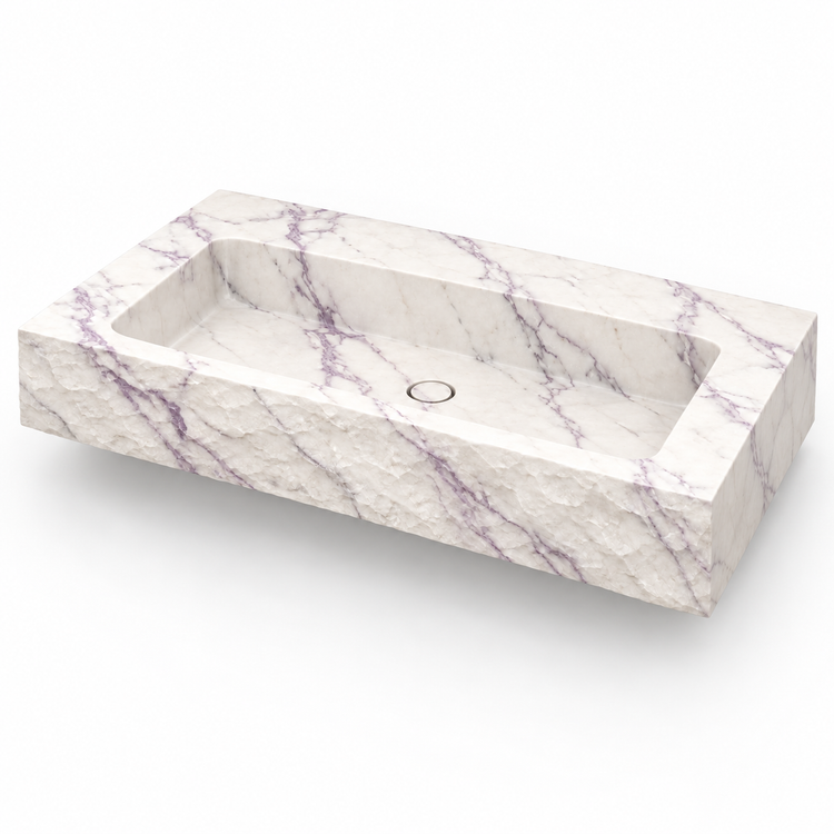 Petra Lilac Chiseled Front Floating Marble Sink, three-quarter view on white, design rendering