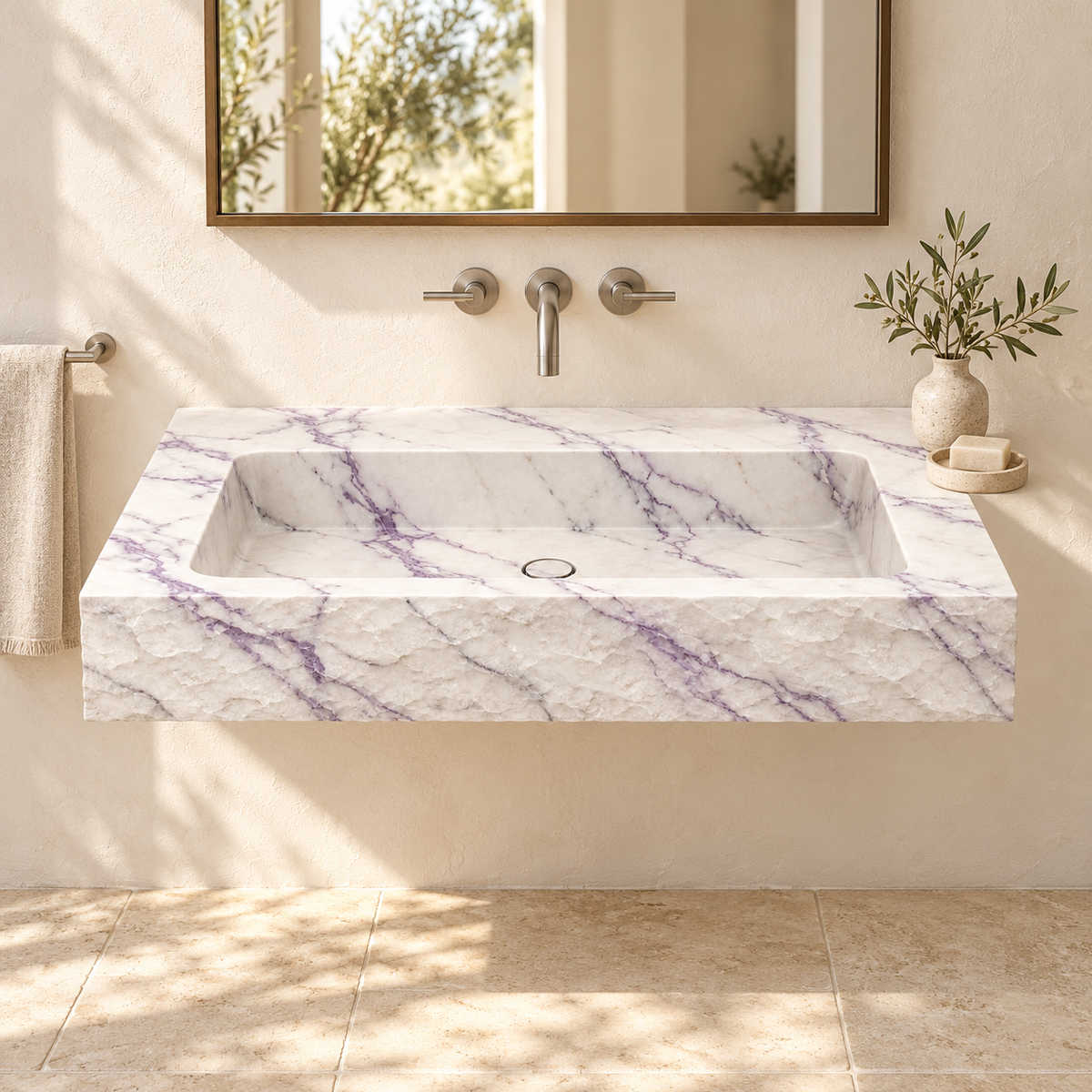 Petra Lilac Chiseled Front Floating Marble Sink, styled bathroom view, design rendering