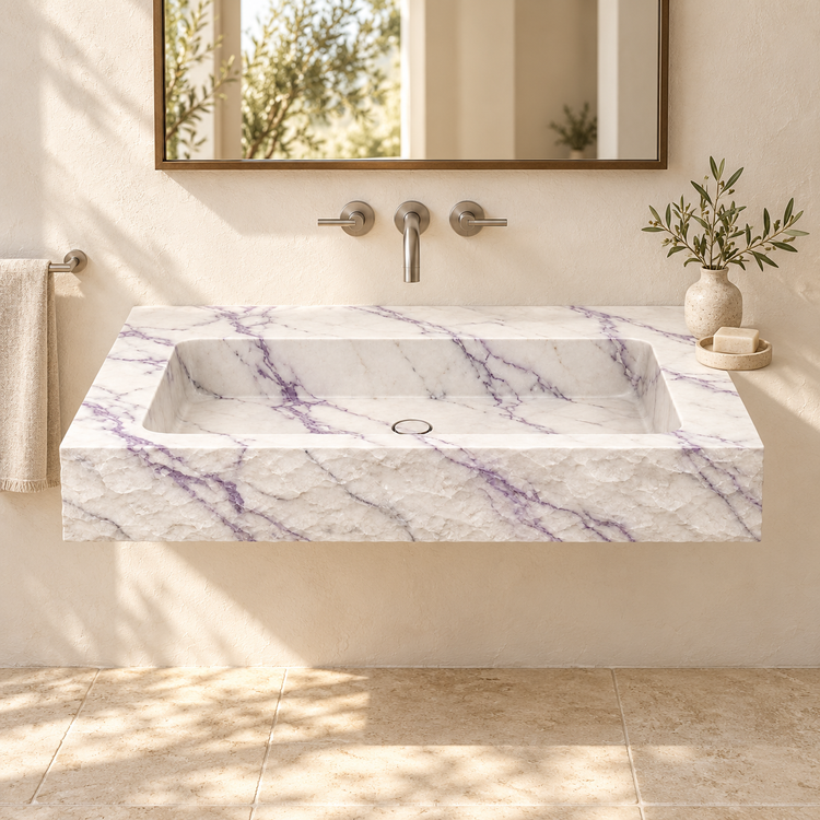 Petra Lilac Chiseled Front Floating Marble Sink, styled bathroom view, design rendering