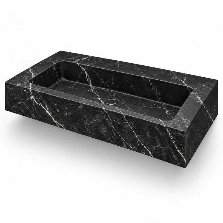 Petra Nero Marquina Chiseled Front Floating Marble Sink, three-quarter view on white, design rendering