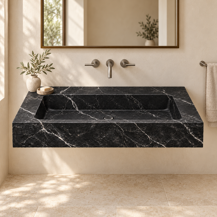 Petra Nero Marquina Chiseled Front Floating Marble Sink, styled bathroom view, design rendering