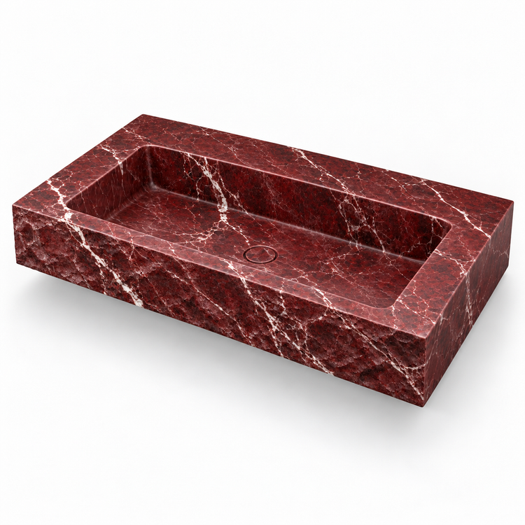 Petra Rosso Levanto Chiseled Front Floating Marble Sink, three-quarter view on white, design rendering