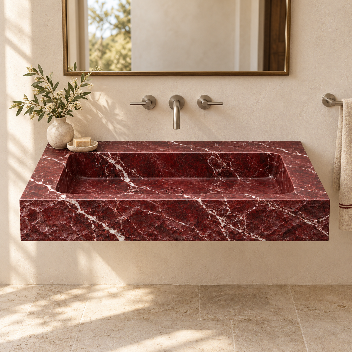 Petra Rosso Levanto Chiseled Front Floating Marble Sink, styled bathroom view, design rendering