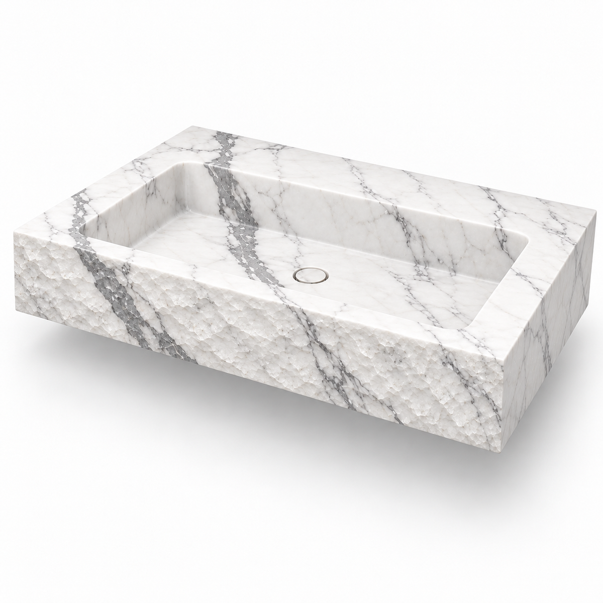 Petra Statuario Chiseled Front Floating Marble Sink, three-quarter view on white, design rendering