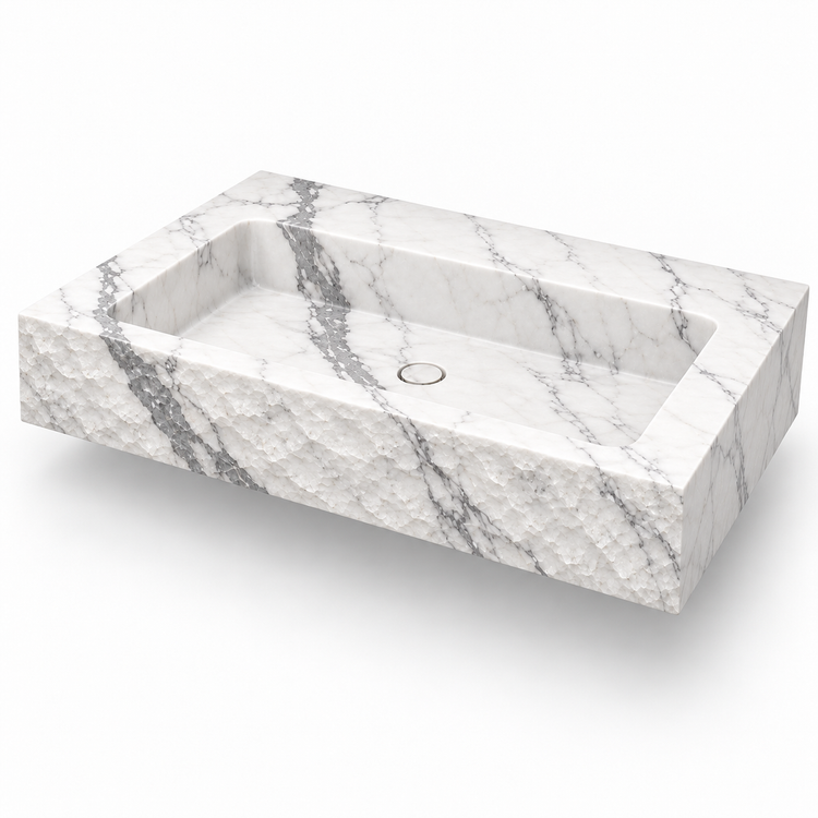 Petra Statuario Chiseled Front Floating Marble Sink, three-quarter view on white, design rendering
