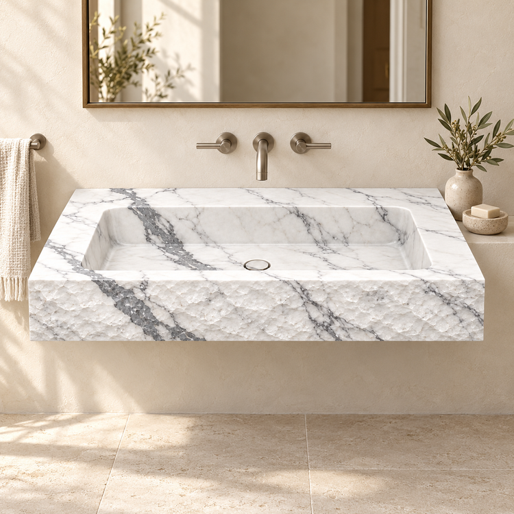 Petra Statuario Chiseled Front Floating Marble Sink, styled bathroom view, design rendering