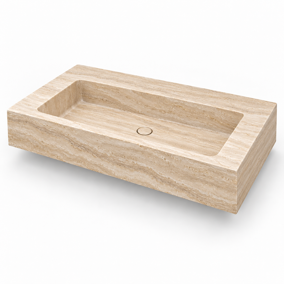 Petra Travertine Chiseled Front Floating Stone Sink, three-quarter view on white, design rendering
