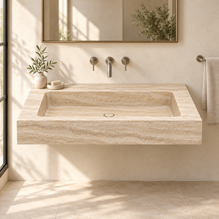 Petra Travertine Chiseled Front Floating Stone Sink, styled bathroom view, design rendering