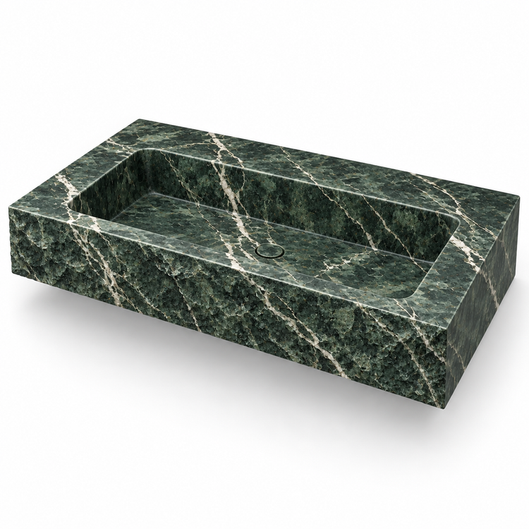 Petra Verde Alpi Chiseled Front Floating Marble Sink, three-quarter view on white, design rendering