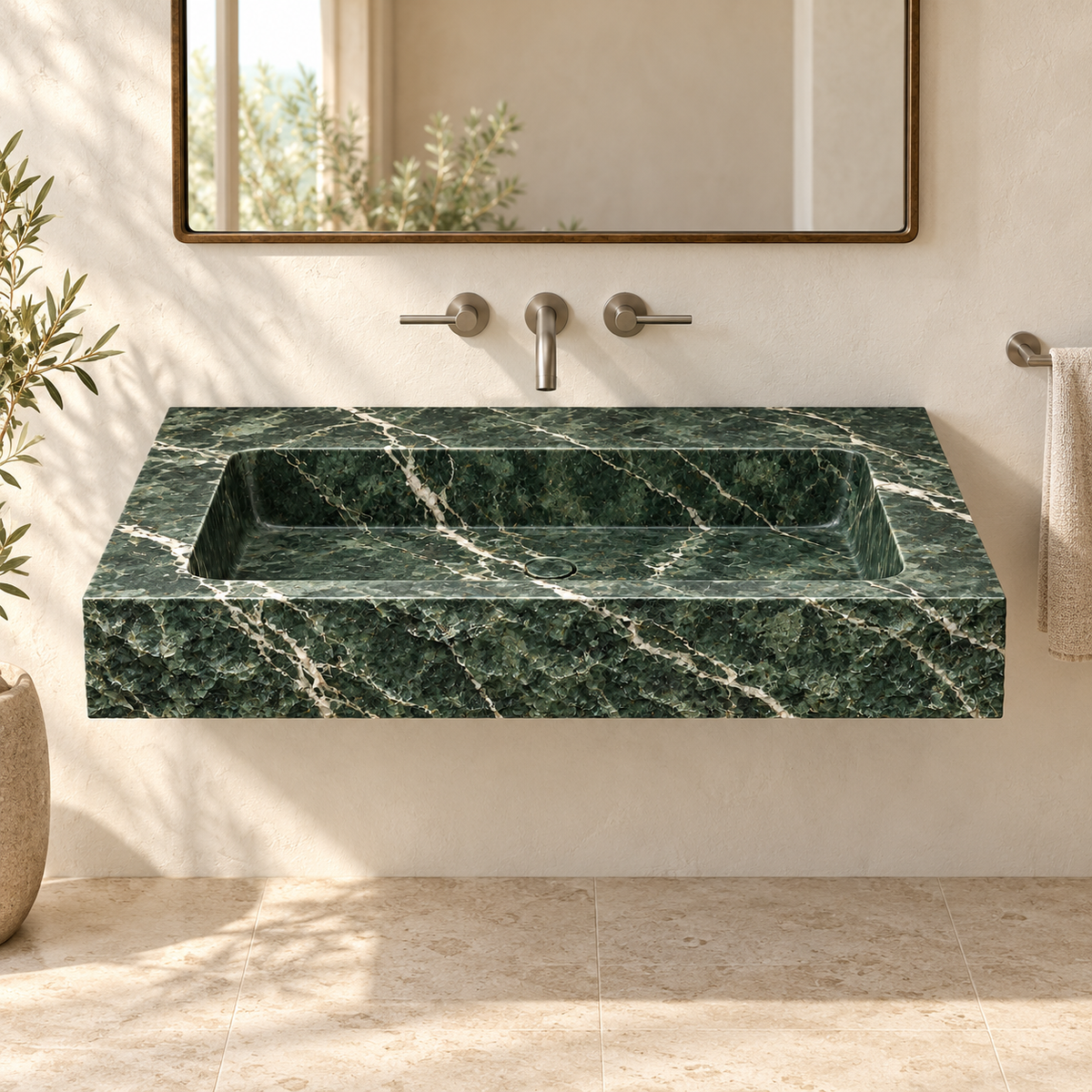 Petra Verde Alpi Chiseled Front Floating Marble Sink, styled bathroom view, design rendering