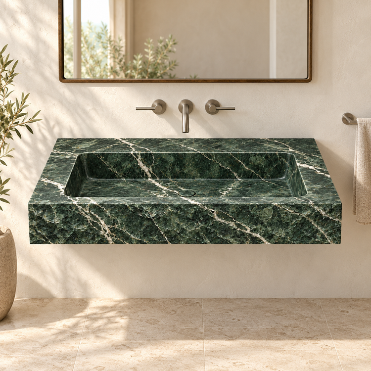 Petra Verde Alpi Chiseled Front Floating Marble Sink, styled bathroom view, design rendering