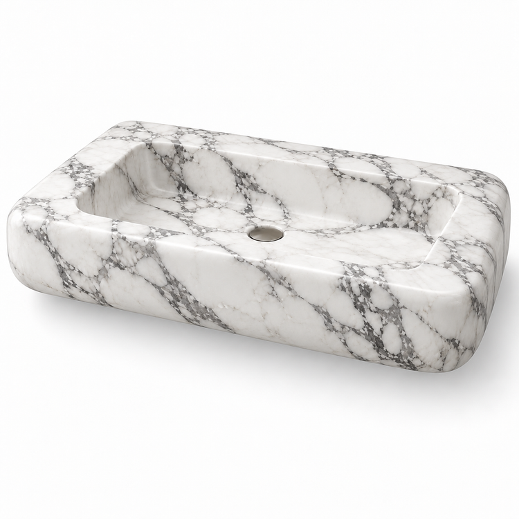Pillow Arabescato Soft-Edge Floating Marble Sink, three-quarter view on white, design rendering
