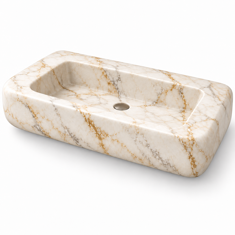 Pillow Calacatta Gold Soft-Edge Floating Marble Sink, three-quarter view on white, design rendering