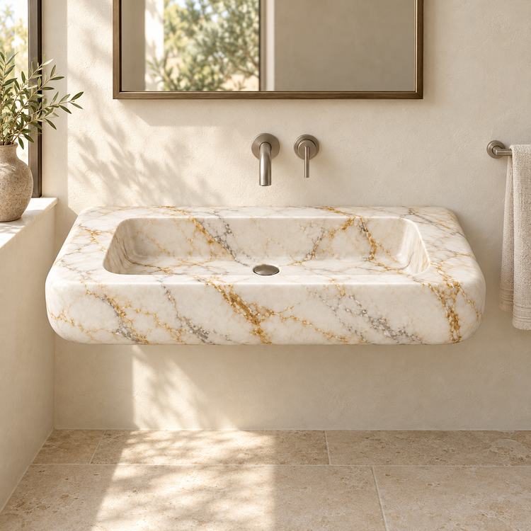 Pillow Calacatta Gold Soft-Edge Floating Marble Sink, styled bathroom view, design rendering