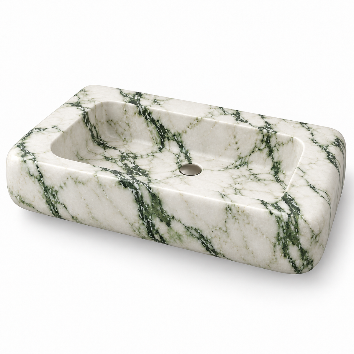 Pillow Calacatta Green Soft-Edge Floating Marble Sink, three-quarter view on white, design rendering