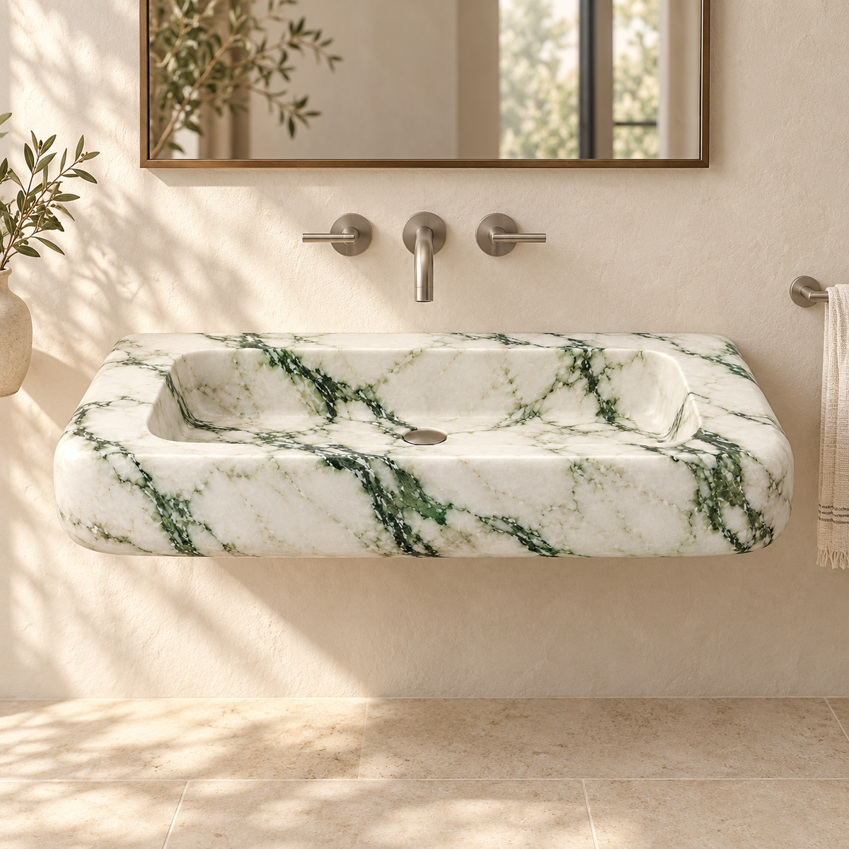 Pillow Calacatta Green Soft-Edge Floating Marble Sink, styled bathroom view, design rendering