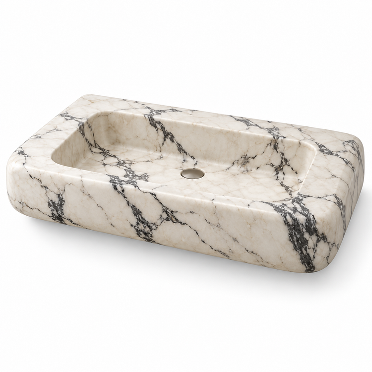 Pillow Calacatta Viola Soft-Edge Floating Marble Sink, three-quarter view on white, design rendering
