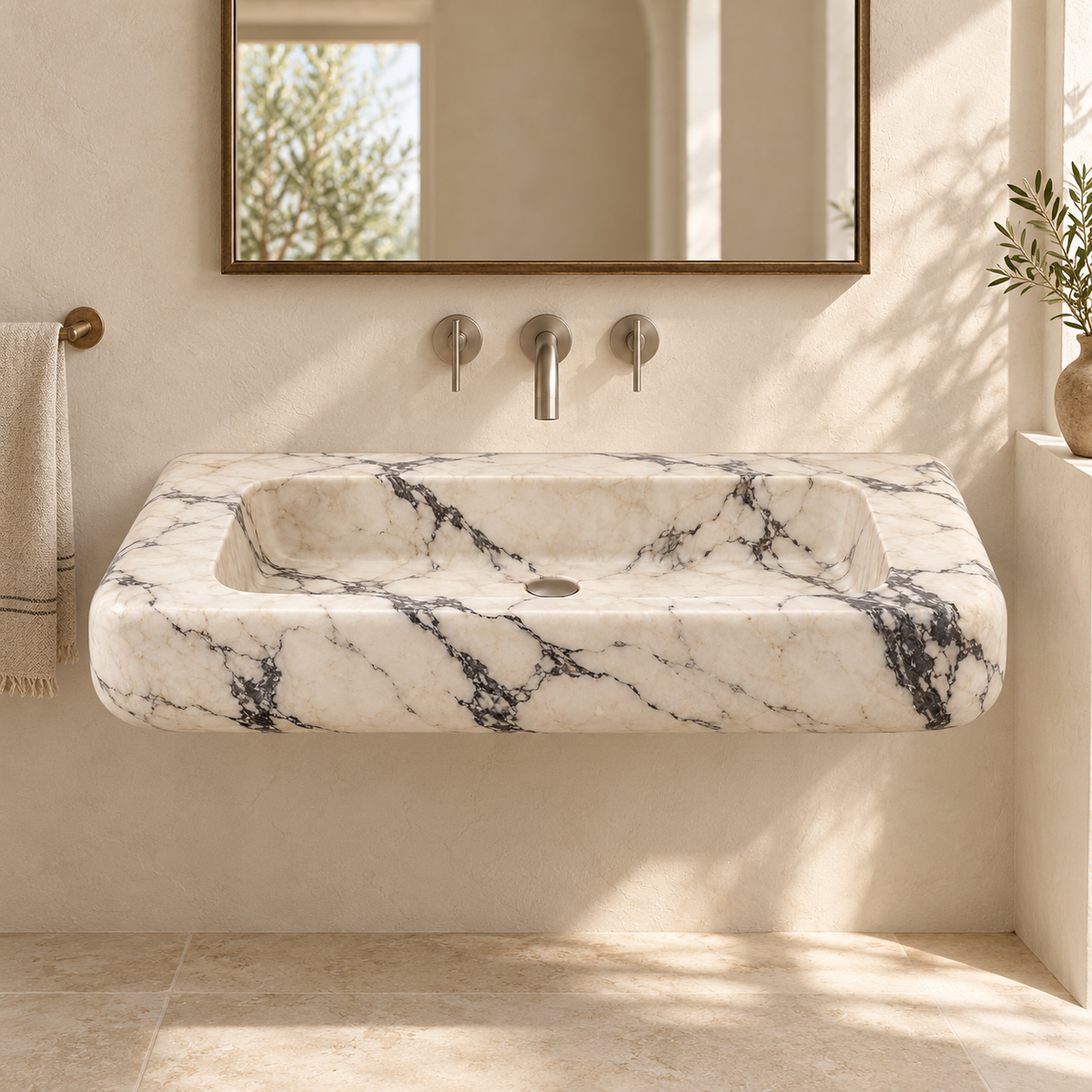 Pillow Calacatta Viola Soft-Edge Floating Marble Sink, styled bathroom view, design rendering