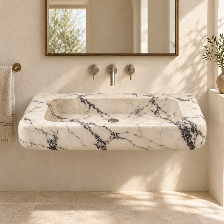 Pillow Calacatta Viola Soft-Edge Floating Marble Sink, styled bathroom view, design rendering