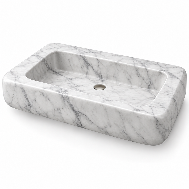 Pillow Carrara Soft-Edge Floating Marble Sink, three-quarter view on white, design rendering