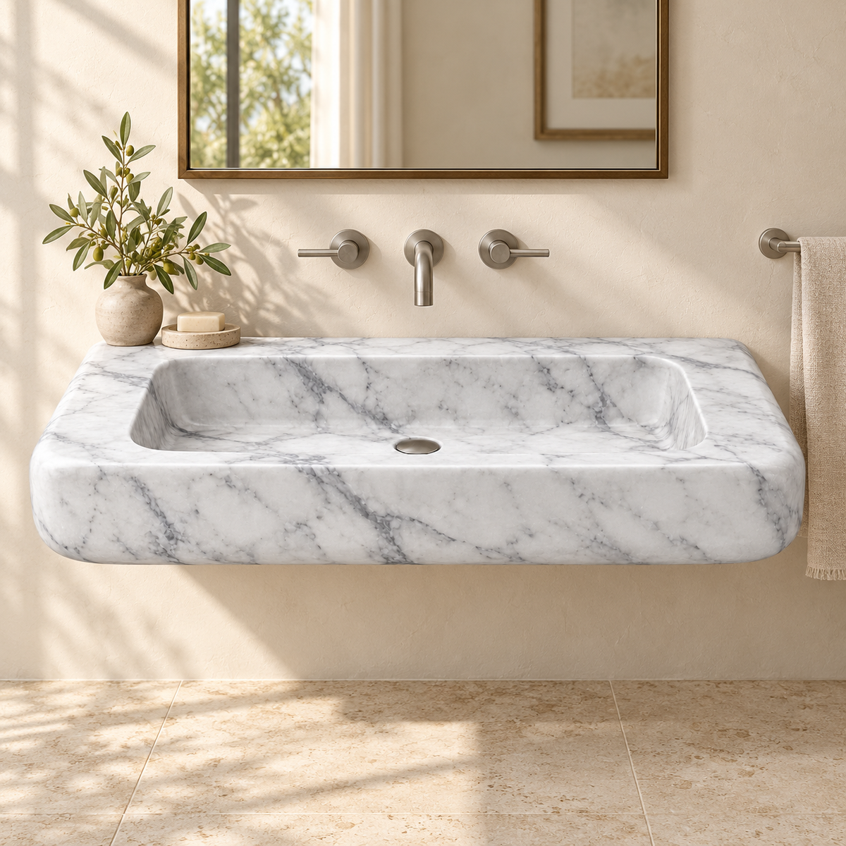 Pillow Carrara Soft-Edge Floating Marble Sink, styled bathroom view, design rendering