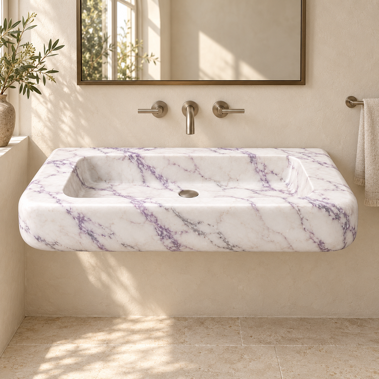 Pillow Lilac Soft-Edge Floating Marble Sink, styled bathroom view, design rendering