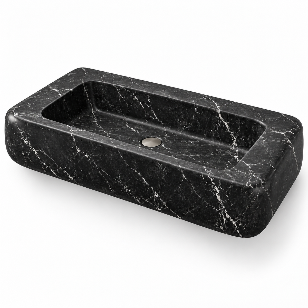 Pillow Nero Marquina Soft-Edge Floating Marble Sink, three-quarter view on white, design rendering