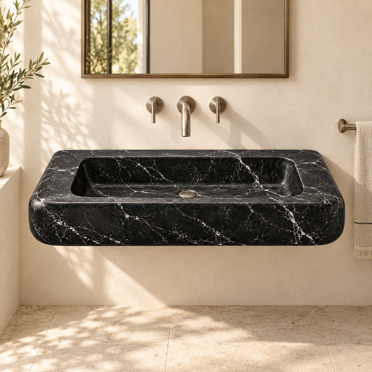 Pillow Nero Marquina Soft-Edge Floating Marble Sink, styled bathroom view, design rendering