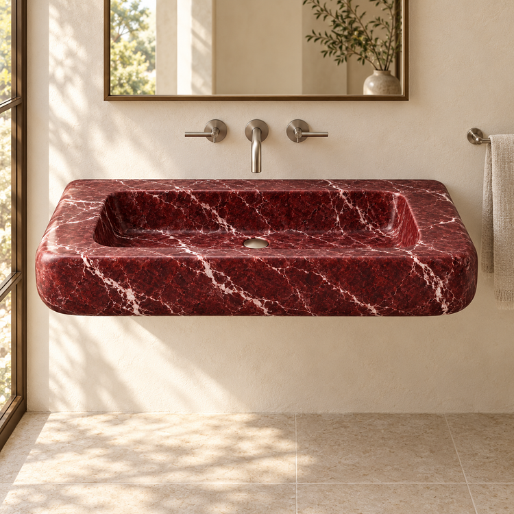 Pillow Rosso Levanto Soft-Edge Floating Marble Sink, styled bathroom view, design rendering