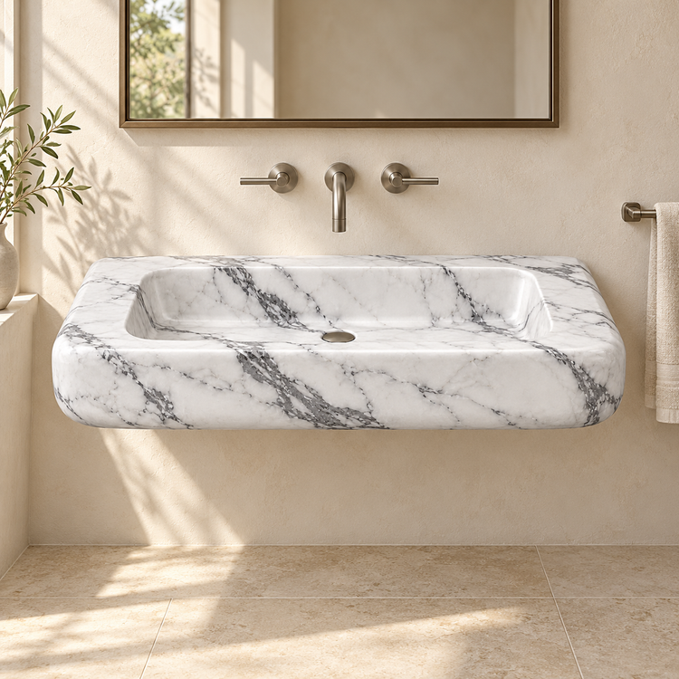 Pillow Statuario Soft-Edge Floating Marble Sink, styled bathroom view, design rendering