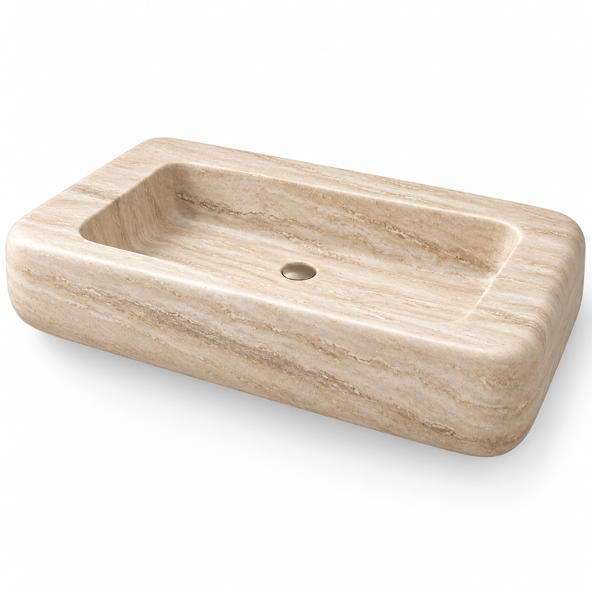 Pillow Travertine Soft-Edge Floating Stone Sink, three-quarter view on white, design rendering