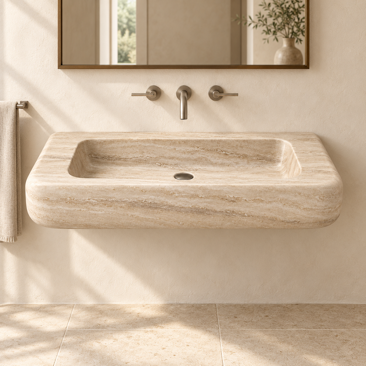 Pillow Travertine Soft-Edge Floating Stone Sink, styled bathroom view, design rendering