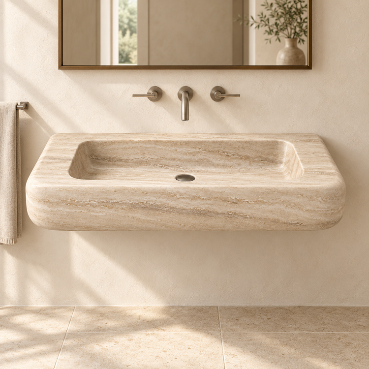 Pillow Travertine Soft-Edge Floating Stone Sink, styled bathroom view, design rendering