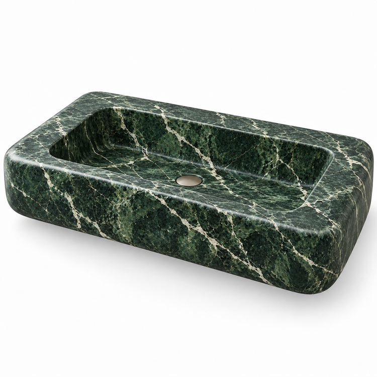 Pillow Verde Alpi Soft-Edge Floating Marble Sink, three-quarter view on white, design rendering