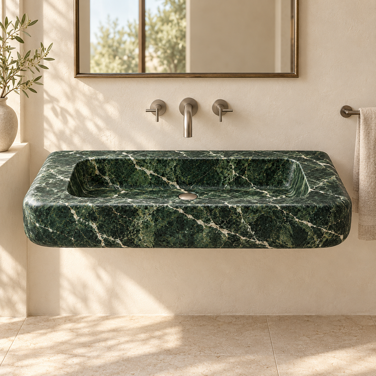 Pillow Verde Alpi Soft-Edge Floating Marble Sink, styled bathroom view, design rendering
