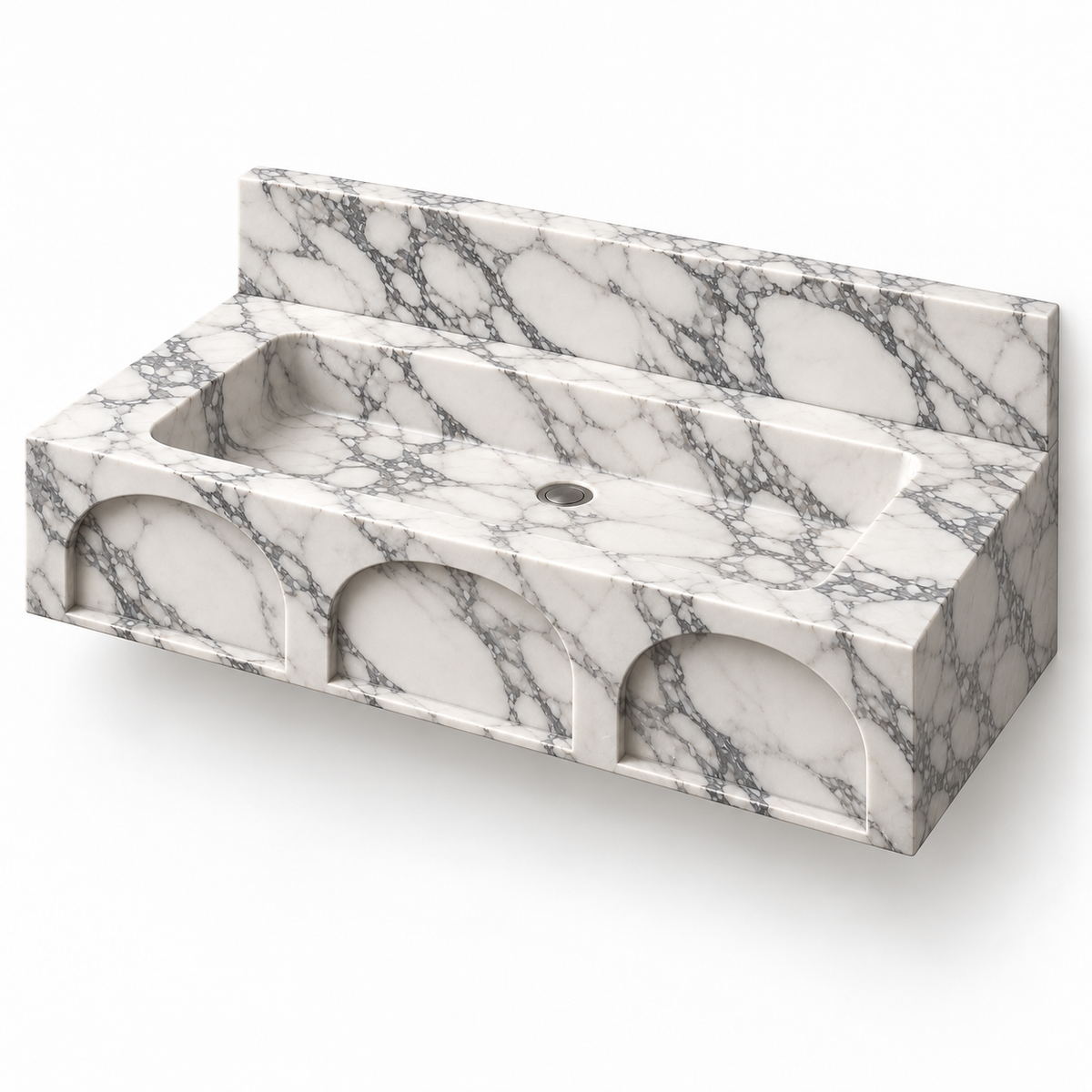 Portico Arabescato Arch-Relief Floating Marble Sink, three-quarter view on white, design rendering