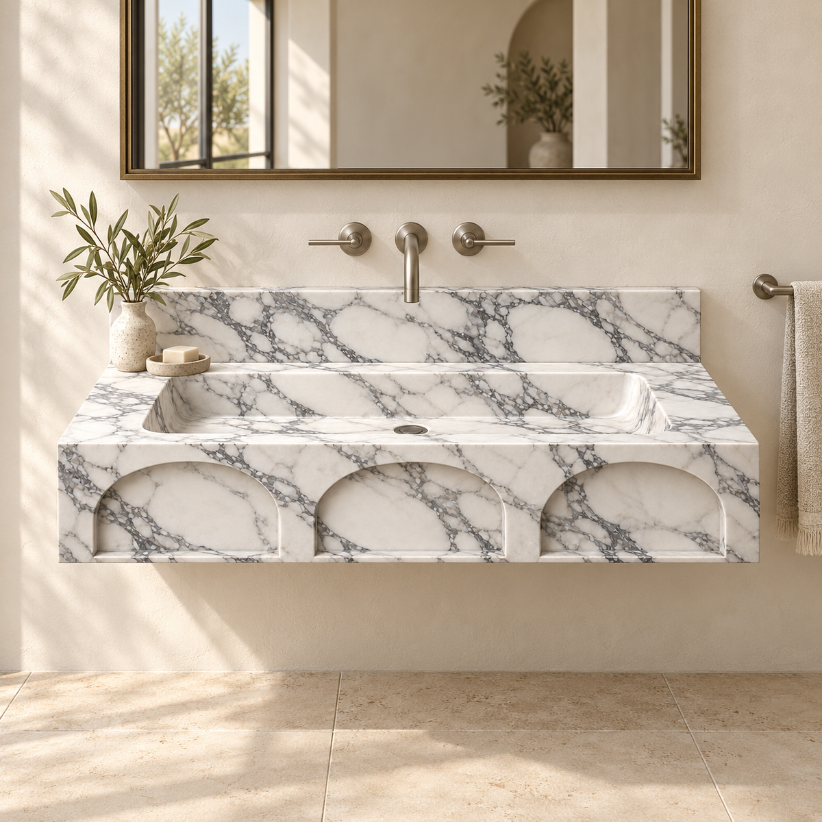 Portico Arabescato Arch-Relief Floating Marble Sink, styled bathroom view, design rendering