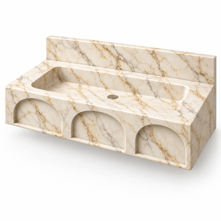 Portico Calacatta Gold Arch-Relief Floating Marble Sink, three-quarter view on white, design rendering