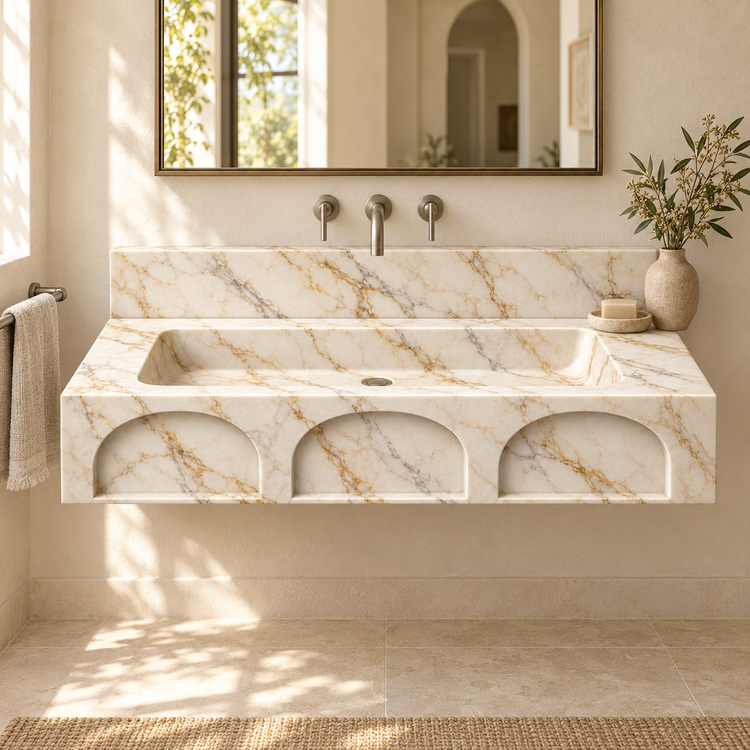Portico Calacatta Gold Arch-Relief Floating Marble Sink, styled bathroom view, design rendering