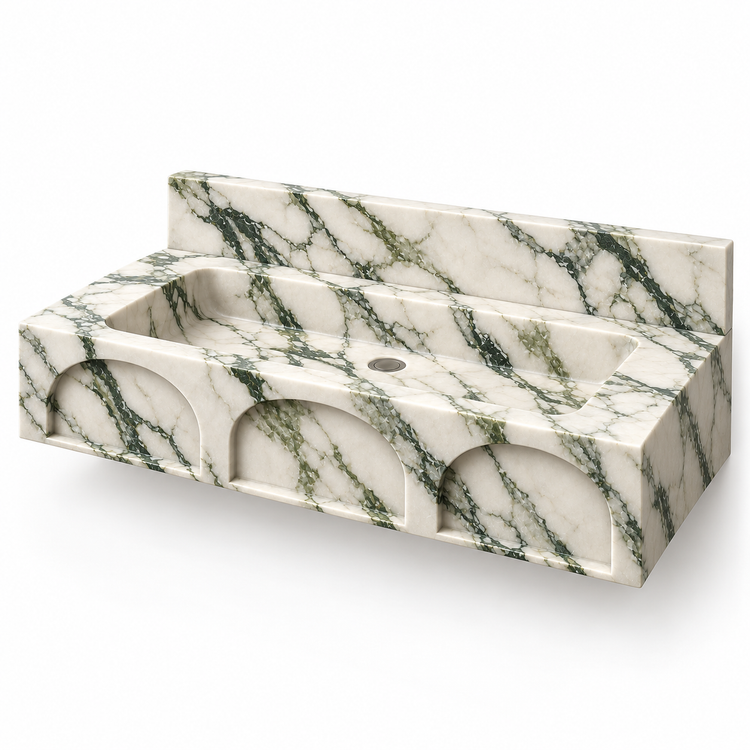 Portico Calacatta Green Arch-Relief Floating Marble Sink, three-quarter view on white, design rendering