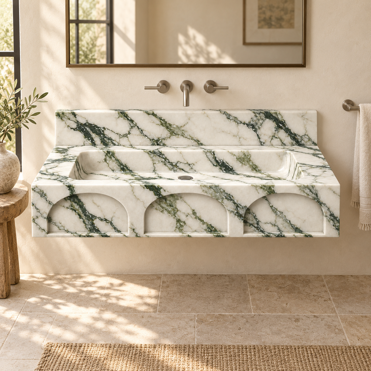Portico Calacatta Green Arch-Relief Floating Marble Sink, styled bathroom view, design rendering