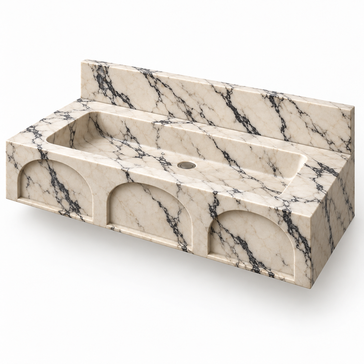 Portico Calacatta Viola Arch-Relief Floating Marble Sink, three-quarter view on white, design rendering
