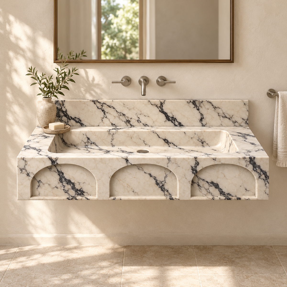 Portico Calacatta Viola Arch-Relief Floating Marble Sink, styled bathroom view, design rendering