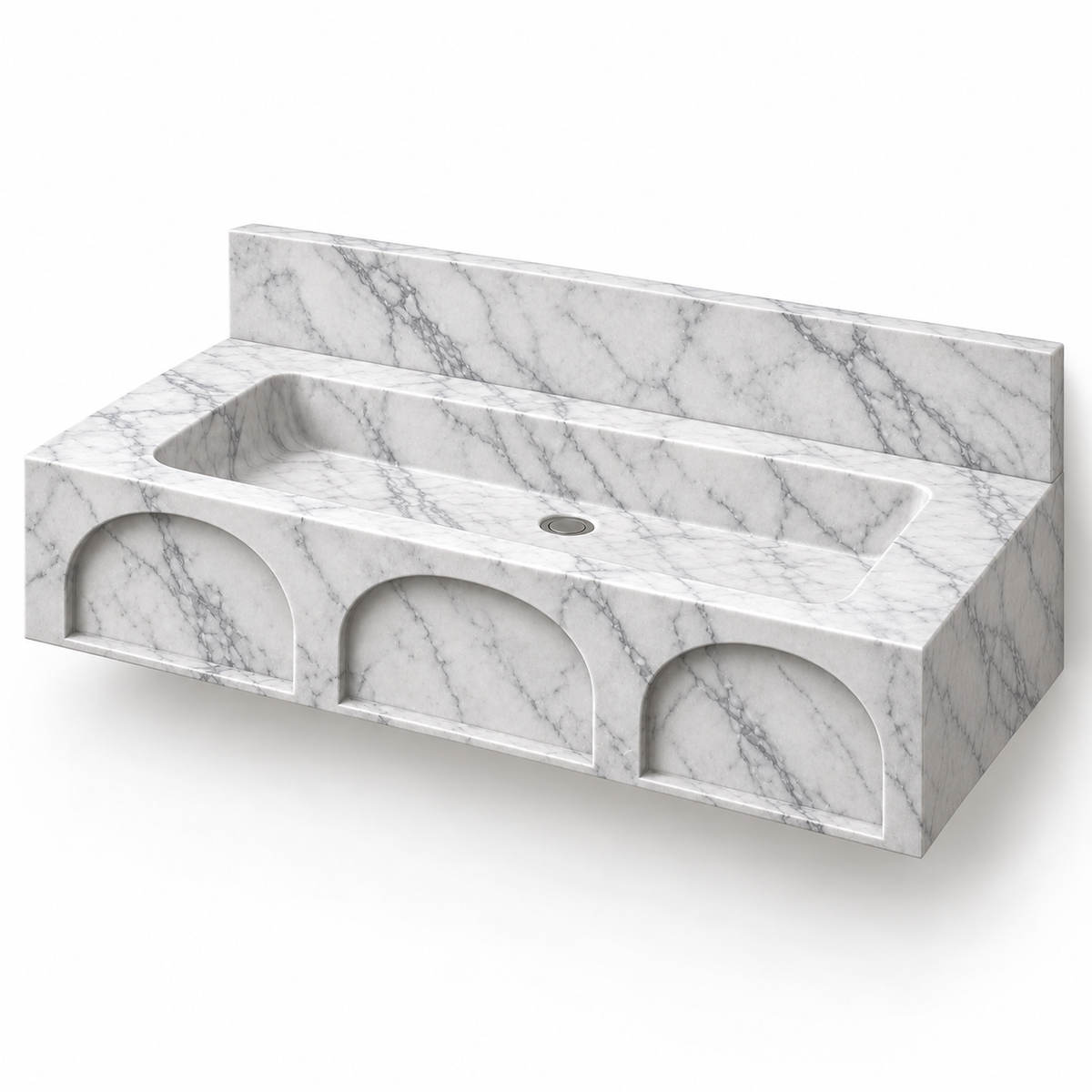 Portico Carrara Arch-Relief Floating Marble Sink, three-quarter view on white, design rendering