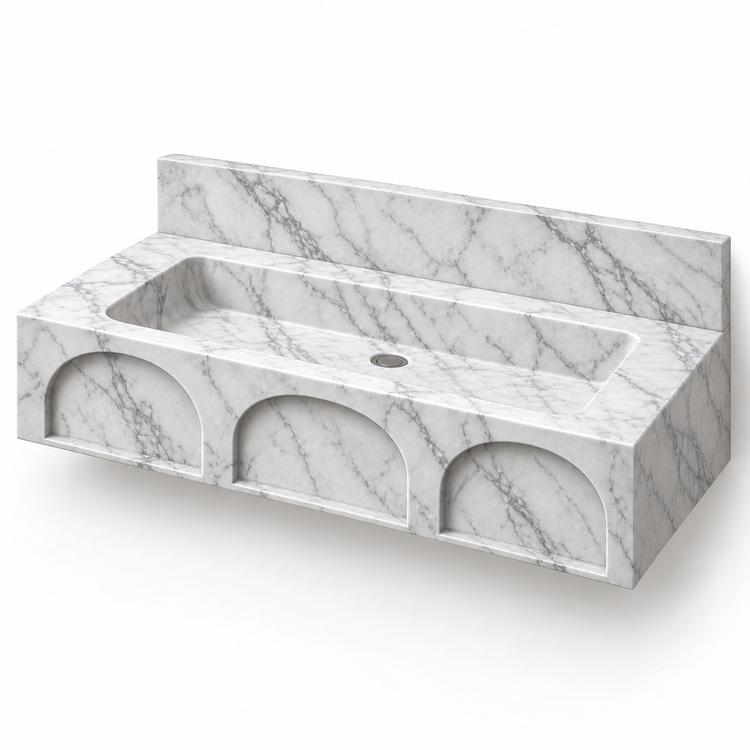 Portico Carrara Arch-Relief Floating Marble Sink, three-quarter view on white, design rendering